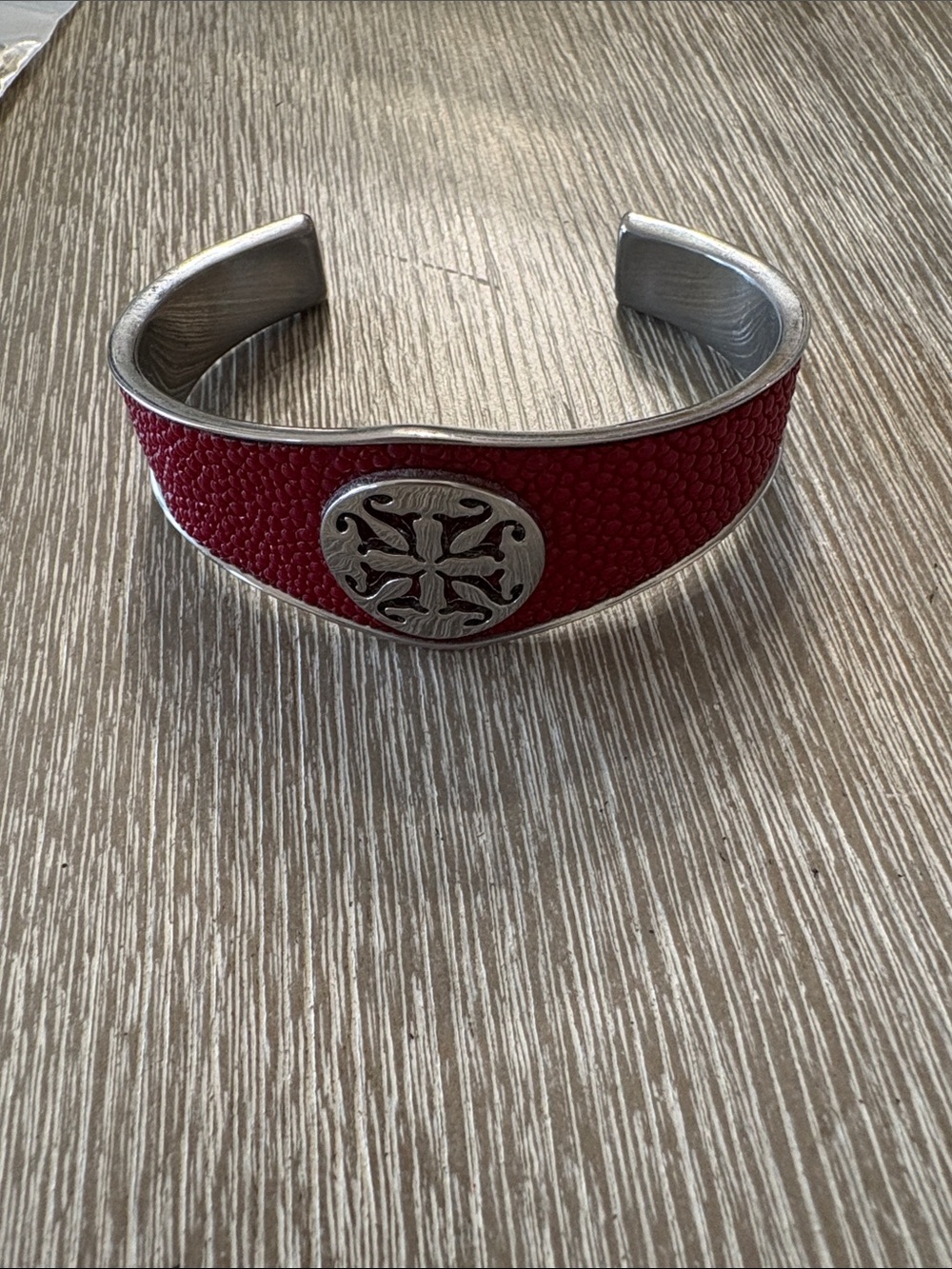 Rustic Cuff Red Textured Metal Cuff Bracelet with Silver Medallion
